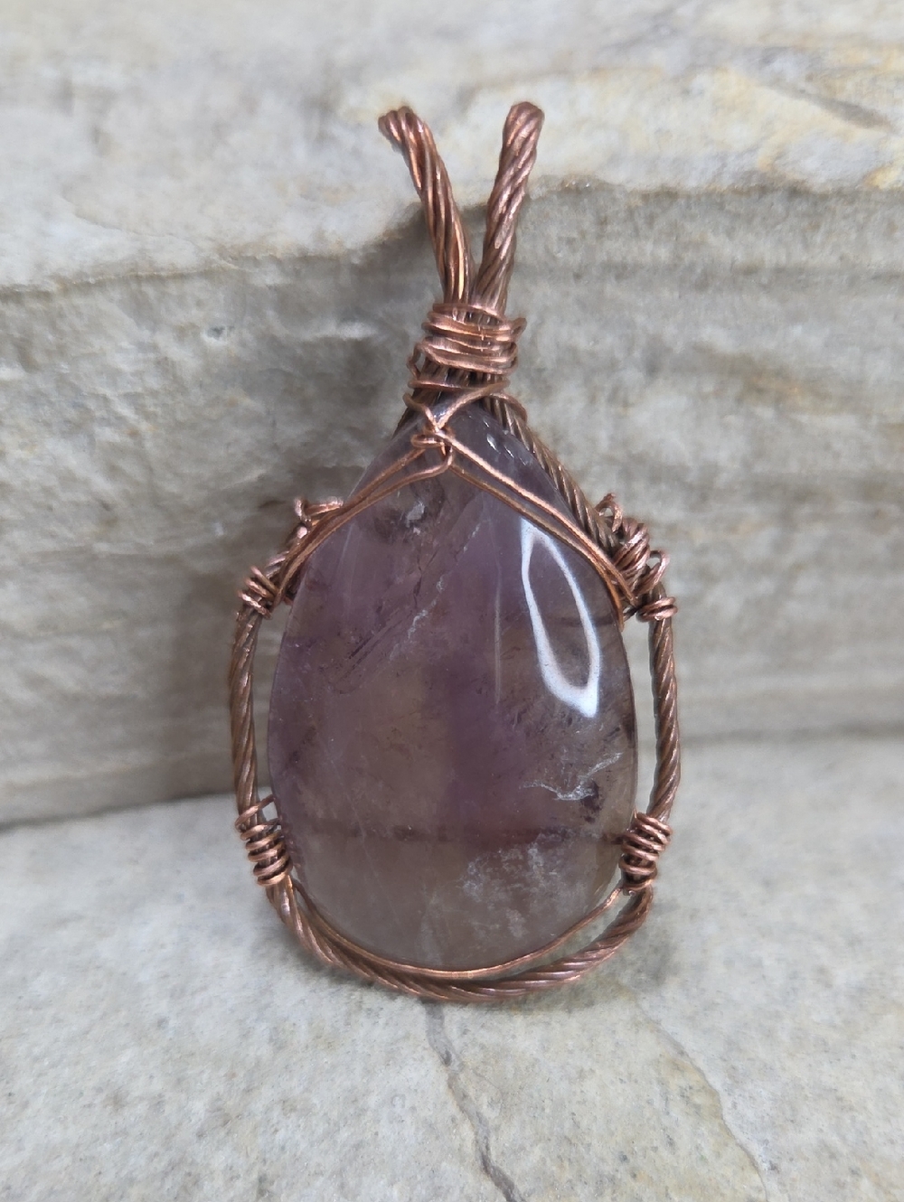 Copper Wire-Wrapped Florite Teardrop Pendant